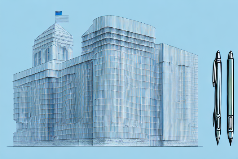 A building blueprint with a pen and a stamp on it