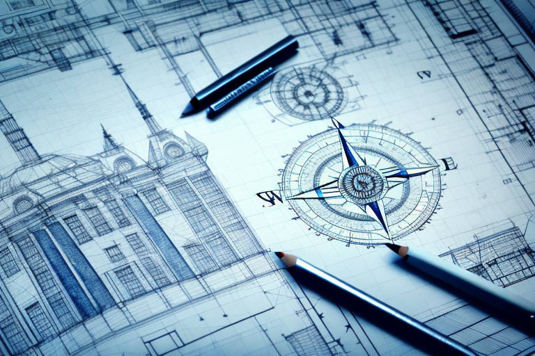 A blueprint of a building with a compass and pencil