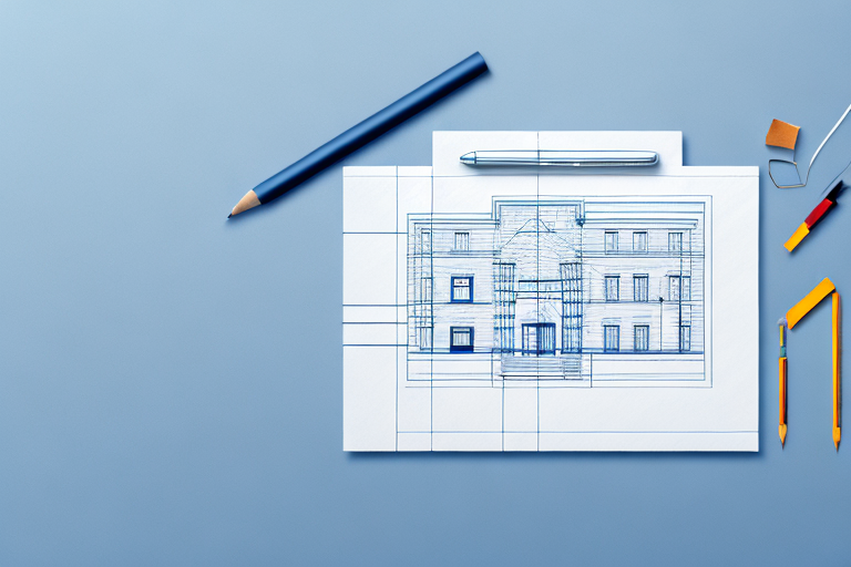 A building blueprint with a pen and a submission envelope on a desk