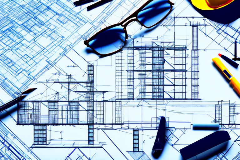 A construction blueprint with a pen and a hard hat on a table