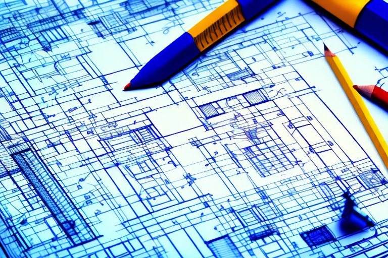 A construction blueprint with a pencil and a ruler on a desk