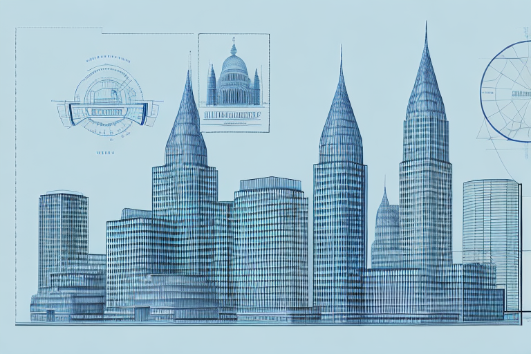 A building blueprint with a stamp of approval and a view of lierschied's iconic landmarks in the background