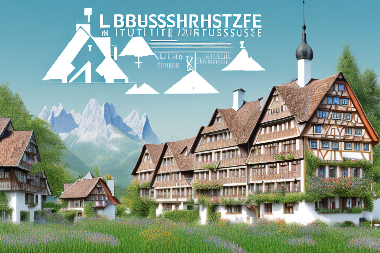 A picturesque view of the löberschütz village with a blueprint of a house and a stamp marked 'approved' on it