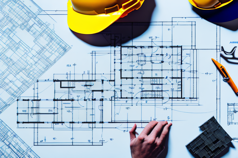 A construction plan on a table with a blueprint