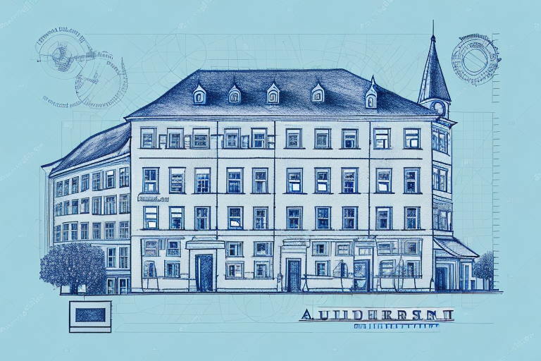 A building blueprint with a pencil and a stamp