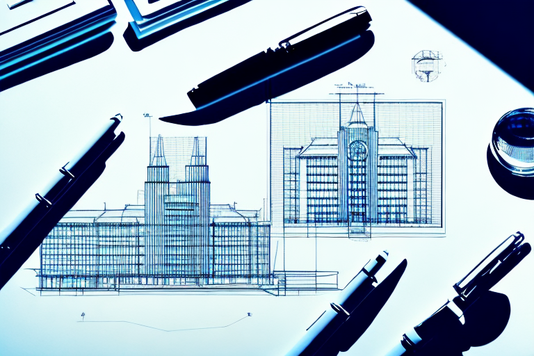 A blueprint of a building with a magnifying glass over it