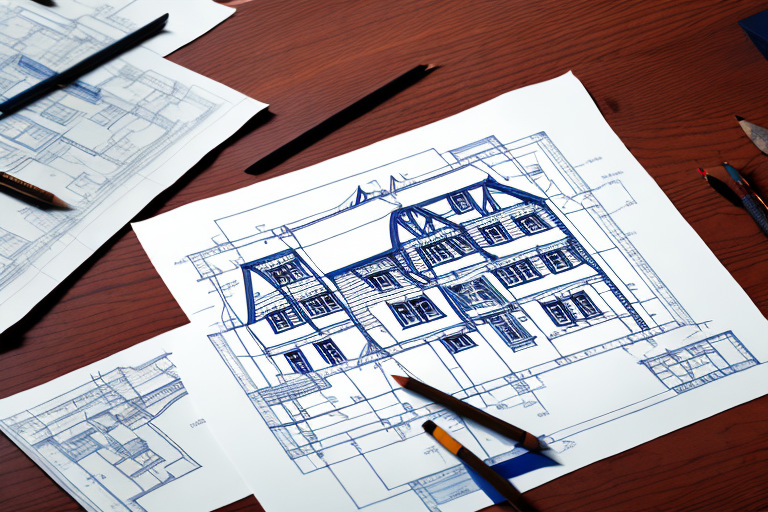 A traditional half-timbered house in lütz with blueprints and a construction permit on a table in the foreground