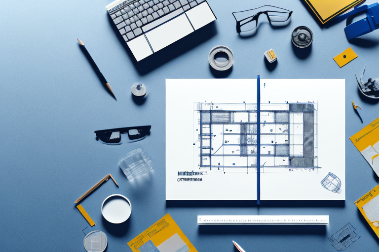 A desk with a blueprint