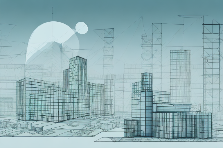 A building construction site with architectural plans and tools in the foreground