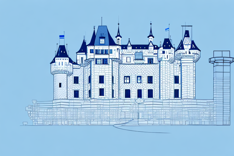 The hohenburg castle with some blueprints and a construction helmet in the foreground