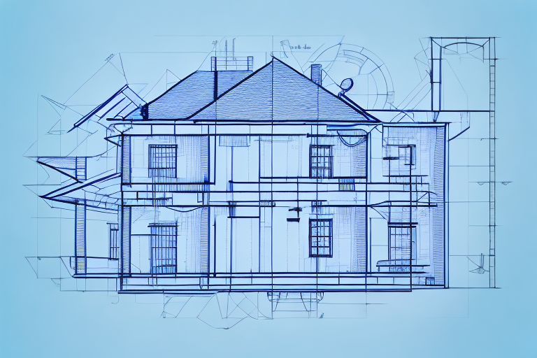 A blueprint of a house with a pen and a construction helmet