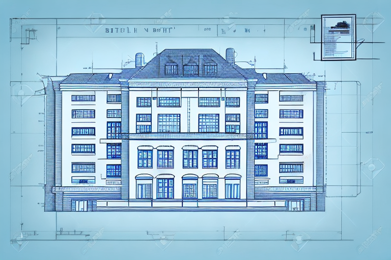A building blueprint with a pen and a stamp