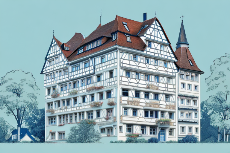 A german-style house with architectural blueprints in the foreground