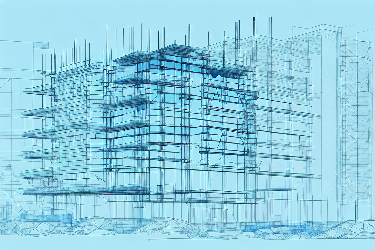 A building construction site with architectural blueprints and tools in the foreground