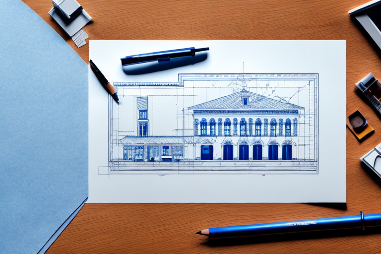 A blueprint of a building with a pen and a stamp