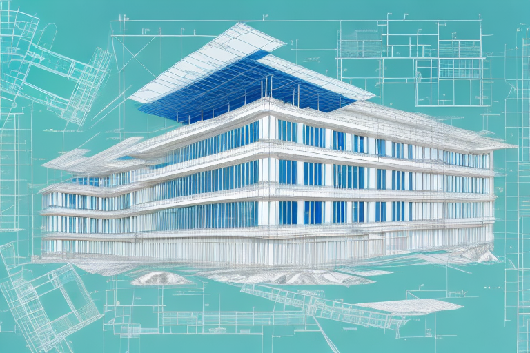 A building construction site with architectural blueprints and a signboard indicating hessigheim