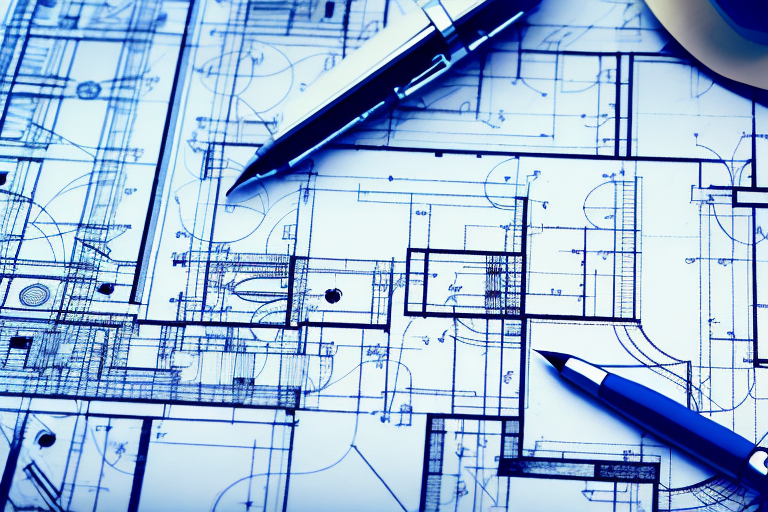 A construction blueprint with a pen and a hard hat
