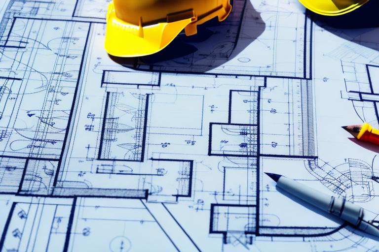 A construction blueprint on a table with a hard hat and a horschbach village landscape in the background
