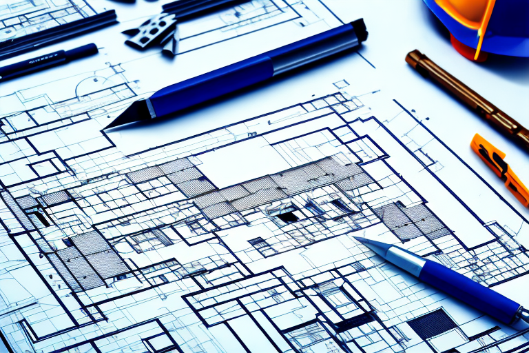 The hude town hall with blueprints and a construction helmet in the foreground