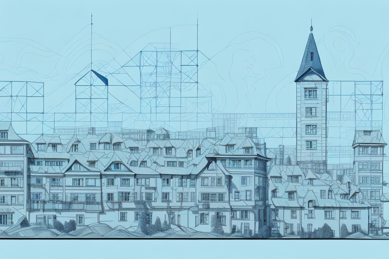 A picturesque view of ilsenburg town with a prominent building under construction and a blueprint in the foreground