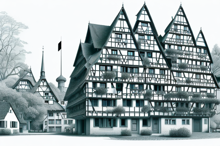 A german village landscape with a prominent architectural blueprint and a submission box
