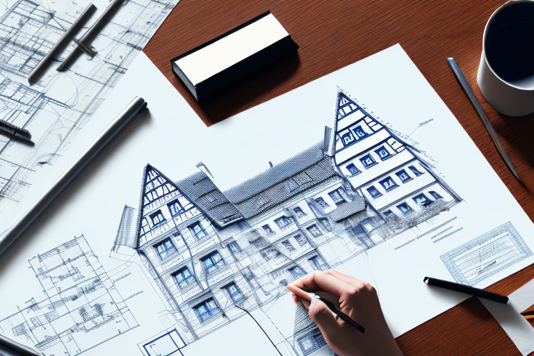 A building blueprint spread out on a table with a stamped approval document and a small model of a traditional german house