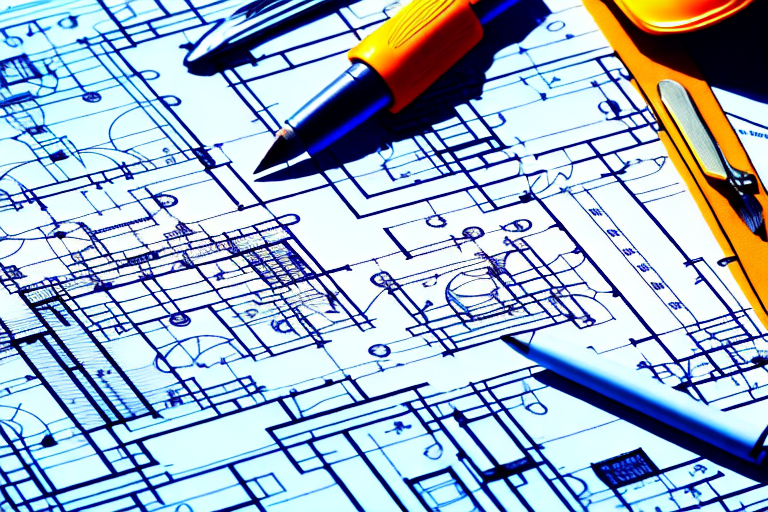 A construction blueprint with a pen and a hardhat on a table