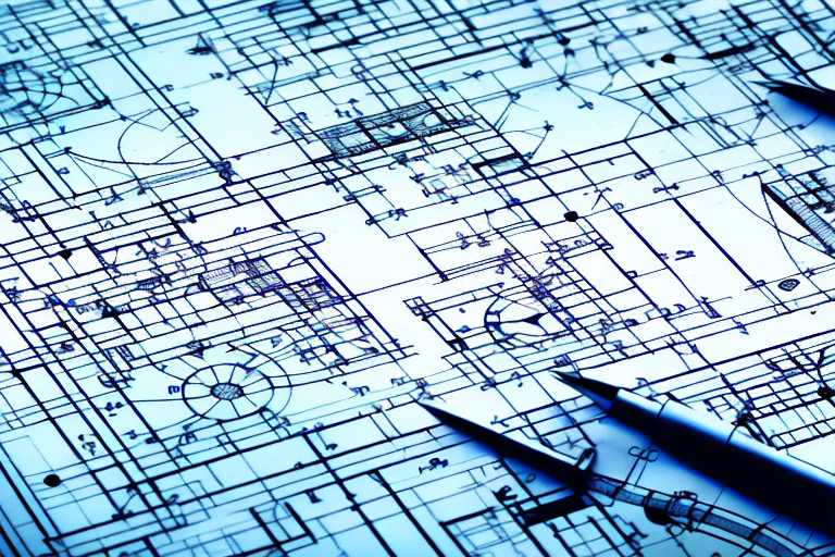 A construction blueprint with a pen and a compass