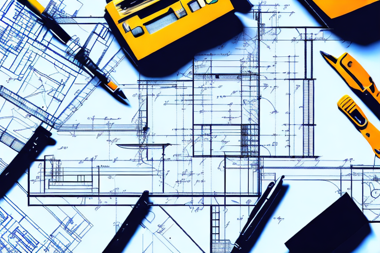 A construction blueprint with a pen and a stamp on a desk