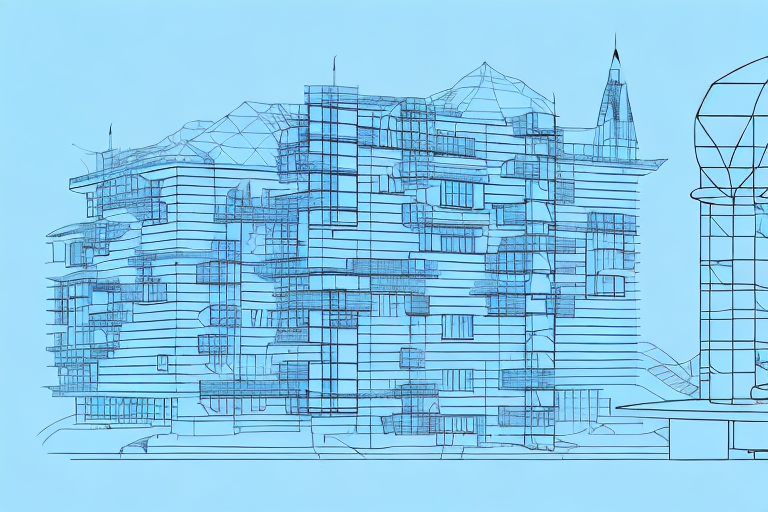 A picturesque view of kirchanschöring village with architectural blueprints and a construction helmet in the foreground