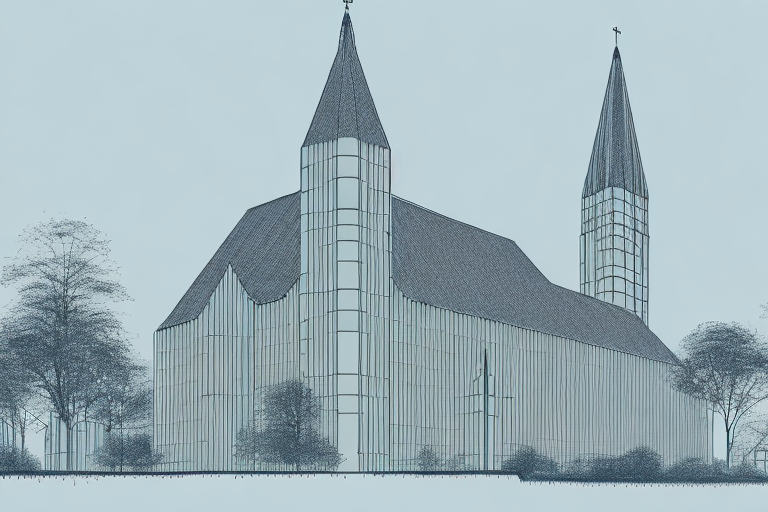 A serene view of the kirchberg an der murr church with an architectural blueprint of a proposed building plan nearby