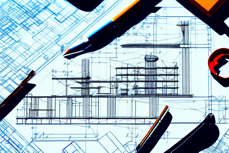 A construction blueprint with a pen and a stamp on a table