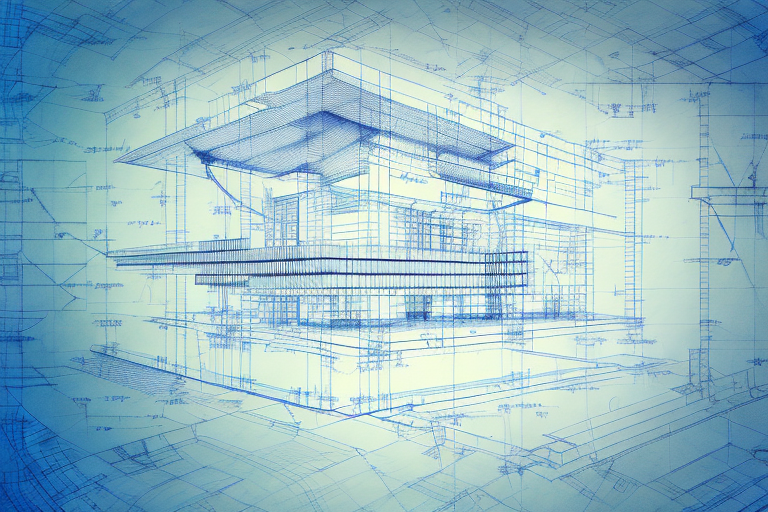 A construction blueprint with a pencil and a ruler on top