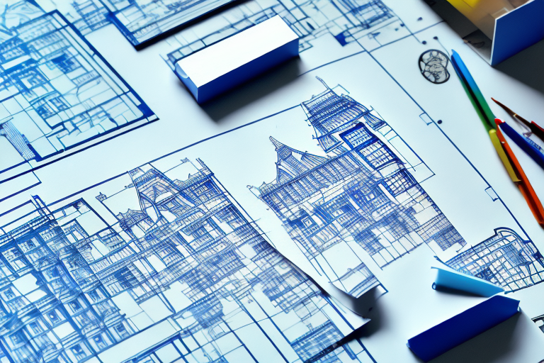 A desk with architectural blueprints