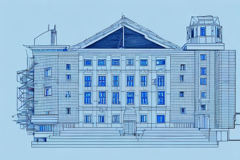 A town hall building in korschenbroich with architectural blueprints and a construction helmet in the foreground to symbolize the process of submitting a building application