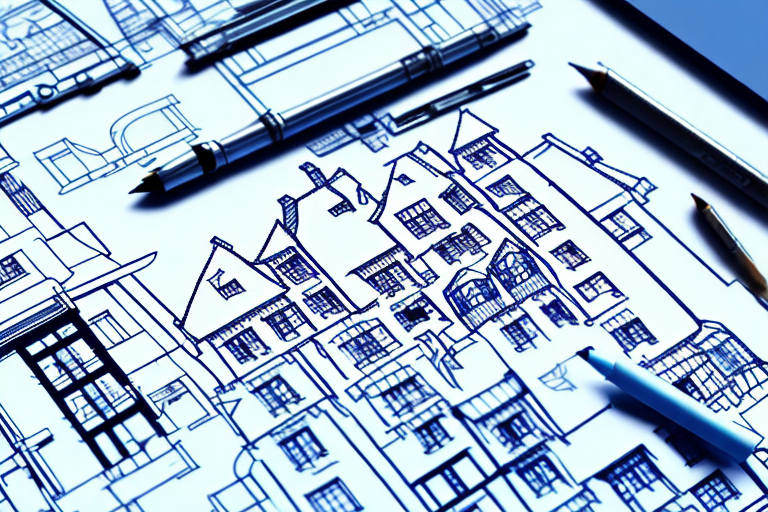 A building permit on a desk with architectural blueprints