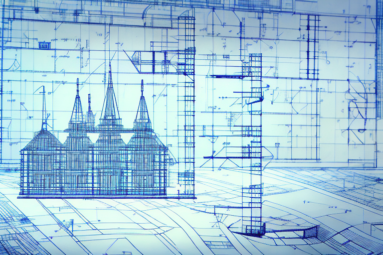 A construction blueprint on a table with a model building beside it
