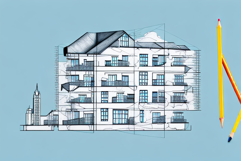 A building plan with a pencil and a ruler on a desk