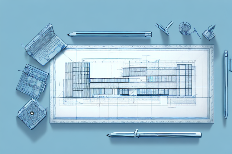 A building blueprint with a pen and a ruler on a desk
