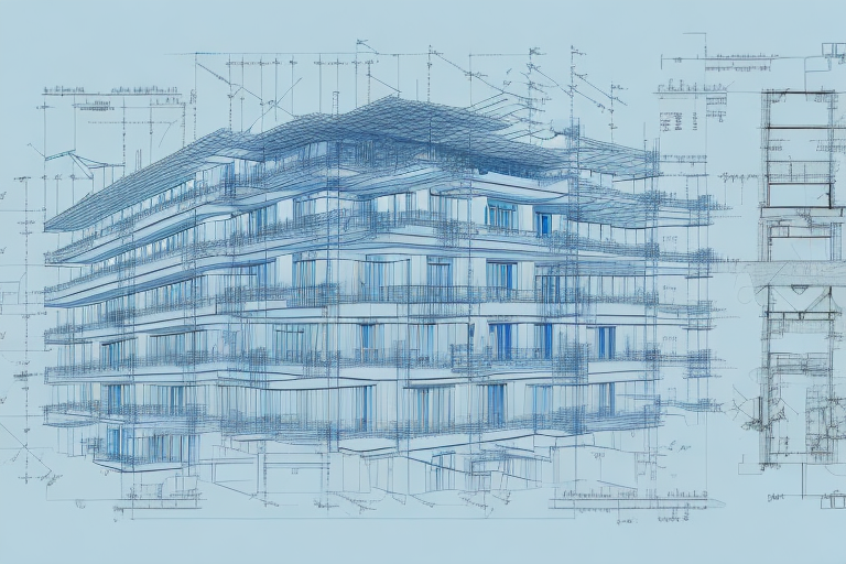 A construction blueprint with various building tools