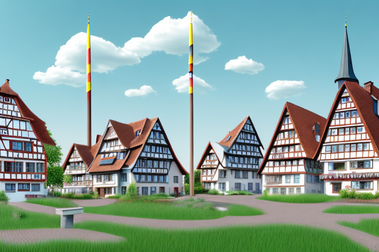 A typical german village landscape with a focus on a blueprint of a house