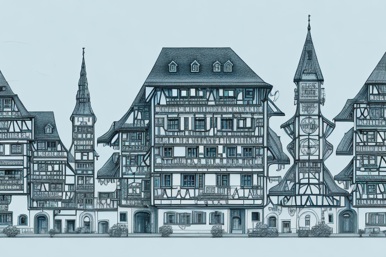 A german village landscape with a prominent architectural blueprint or construction site