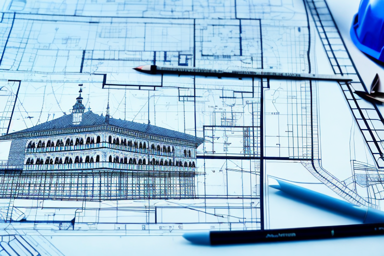 A scenic view of krakow am see with architectural blueprints and a construction helmet subtly placed in the foreground