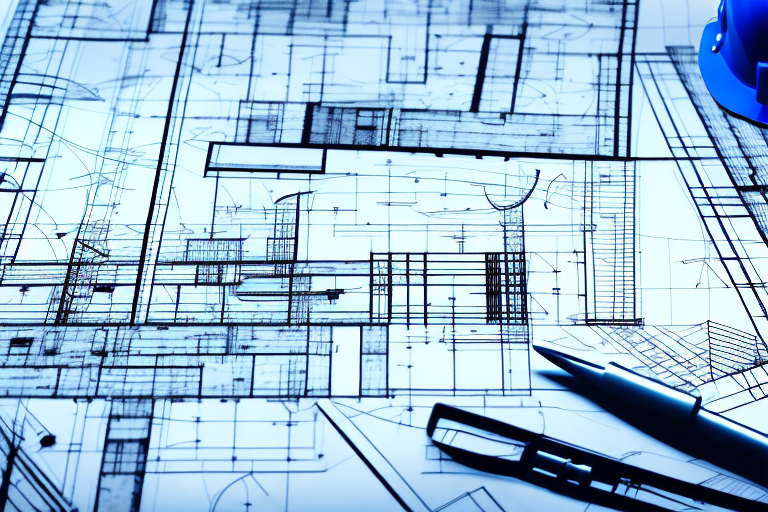 A construction blueprint with a pen and a hard hat