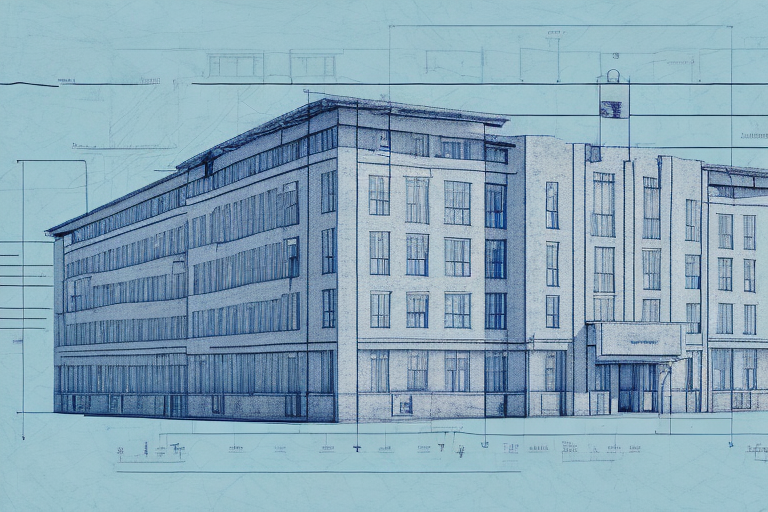 A blueprint of a building with a pencil and a ruler