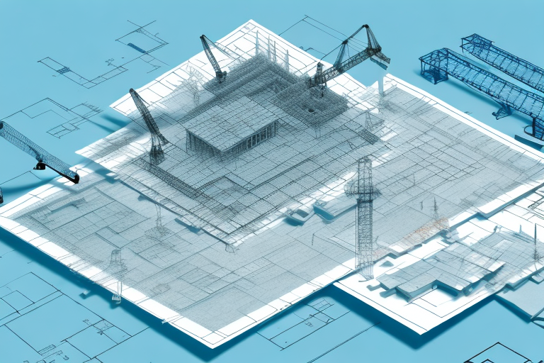 A construction site with architectural blueprints