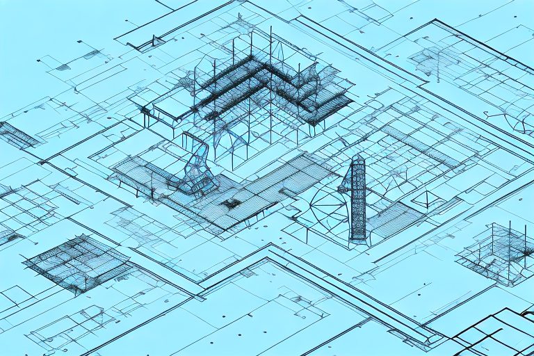 A construction site with architectural blueprints and tools in the foreground