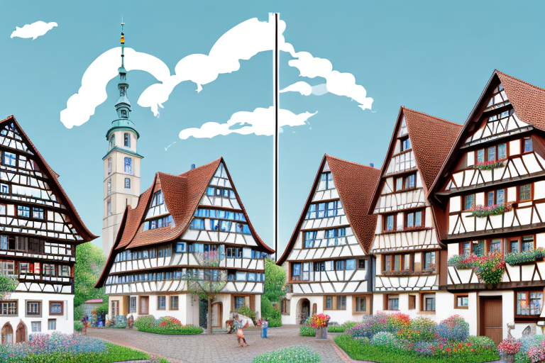 A quaint german village with architectural blueprints superimposed over it