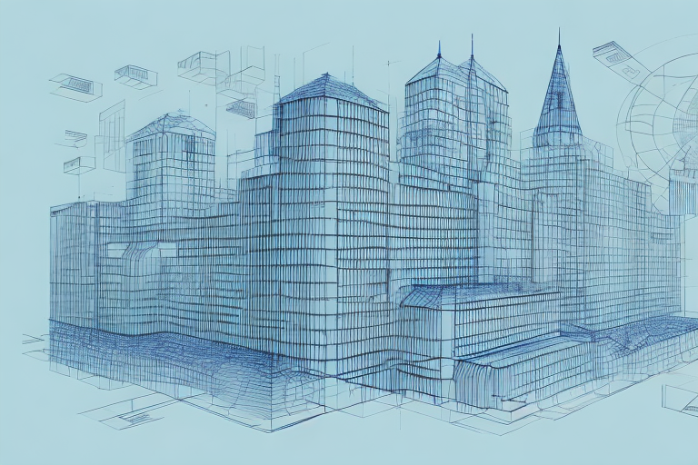 A building blueprint with a pen and a rubber stamp on top