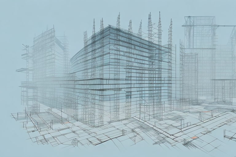 A construction site with architectural plans and tools in the foreground